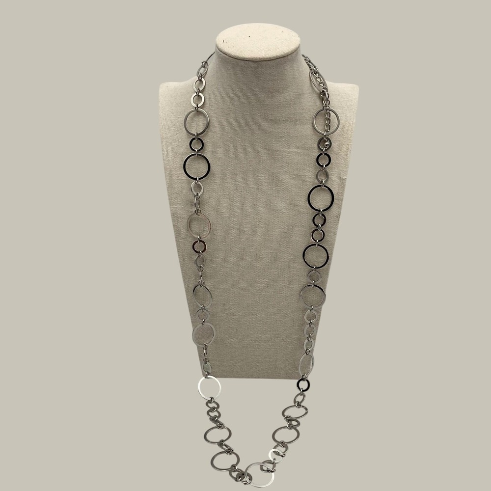 Chicos Silver Tone Long Circle Station Necklace Double Layer Statement Jewelry